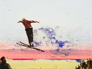 Skispringer in der Luft, Jub Mönster Gegen Wind Öl und Methylviolett auf Leinen 30 x 40 cm Unikat