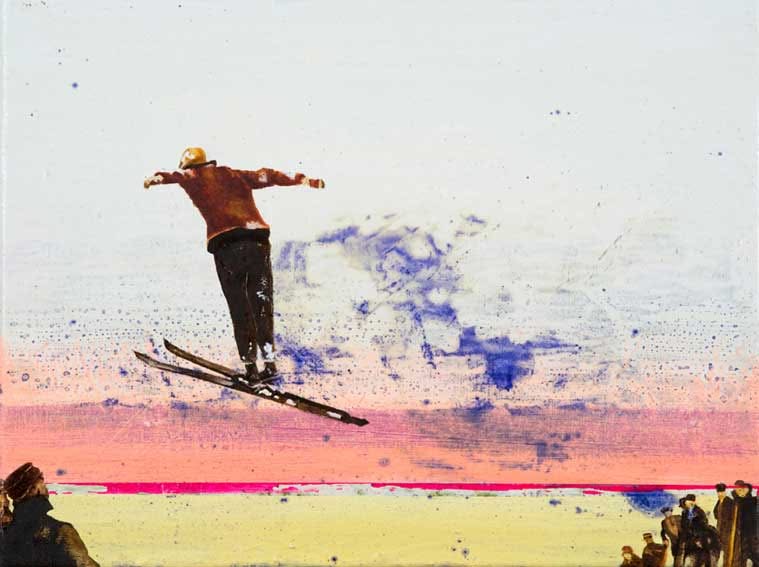 Skispringer in der Luft, Jub Mönster Gegen Wind Öl und Methylviolett auf Leinen 30 x 40 cm Unikat