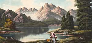 Malerische Berglandschaft mit Angler, Jub Mönster Schnelle Hackpfanne mit Hörnchennudeln und Kürbis Öl auf Leinen 45 x 96 cm Unikat