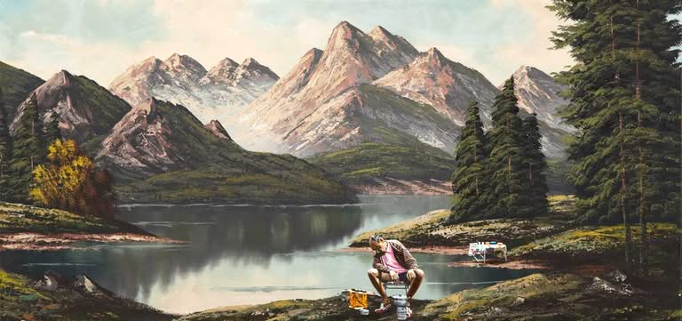 Malerische Berglandschaft mit Angler, Jub Mönster Schnelle Hackpfanne mit Hörnchennudeln und Kürbis Öl auf Leinen 45 x 96 cm Unikat